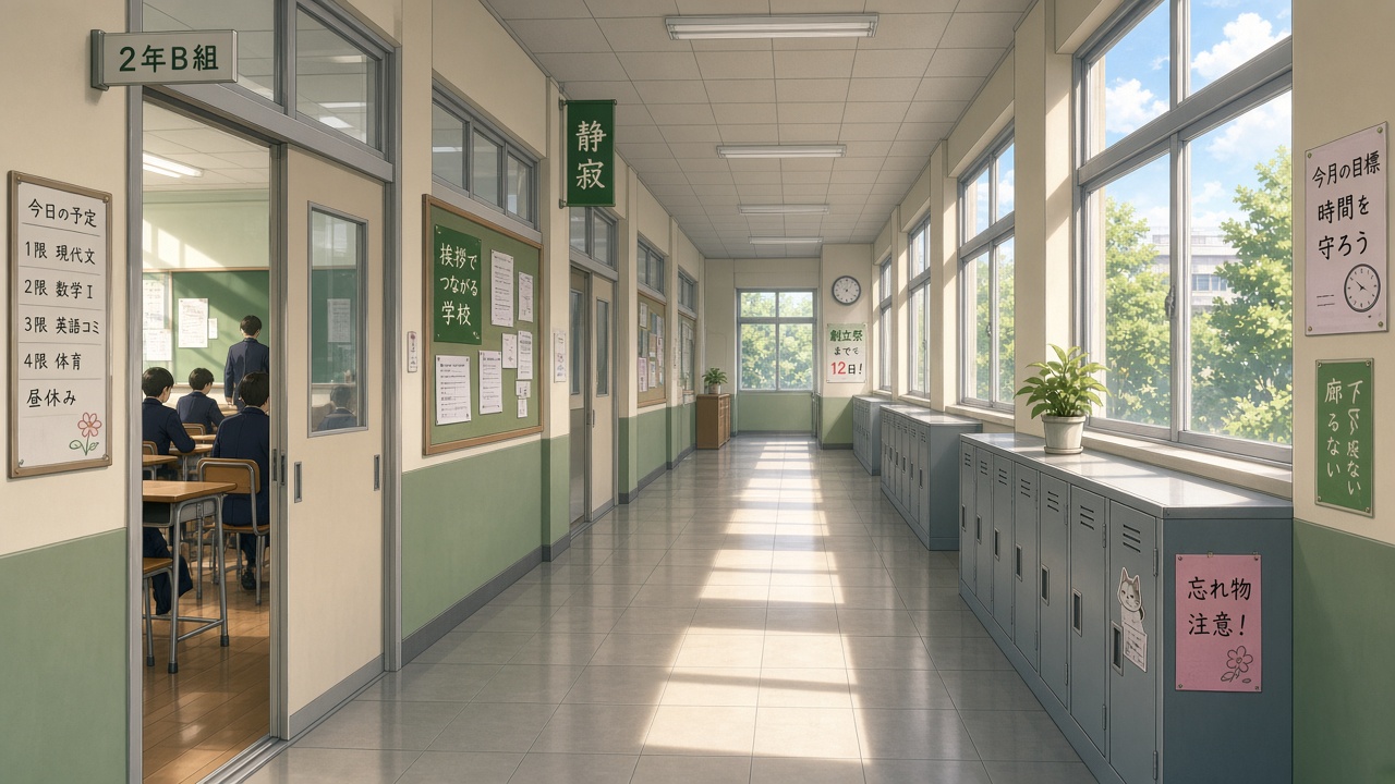 Akademi hallway during class period with students seated or walking calmly, no crime scene.