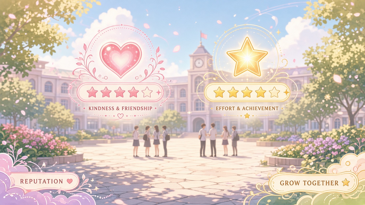 Soft heart and star reputation meter icons floating above a sunny school courtyard, decorative systems metaphor.