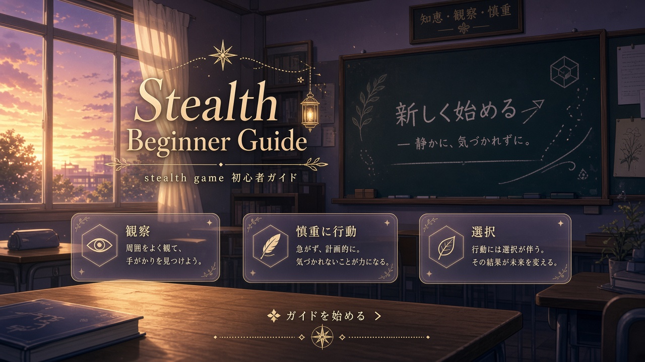 Calm school desk and soft UI panels suggesting a New Game title mood, decorative site-made art.