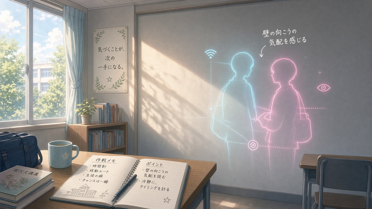Soft through-wall silhouette glow highlighting a person of interest in a daytime school interior, no corpse or blood.